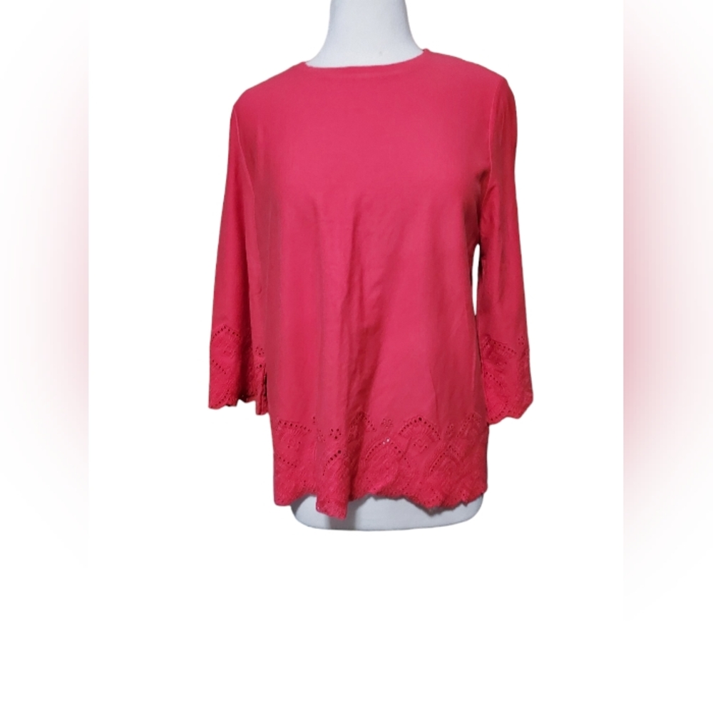 j jill top l blouse shirt women 3/4 Quarter Sleeve Pink Red Crewneck 100% Cotton - Picture 1 of 6